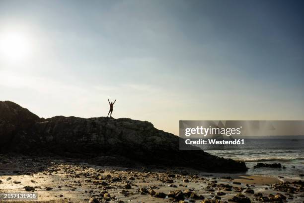 man with arms raised standing on rock near sea at sunrise - escapismo imagens e fotografias de stock
