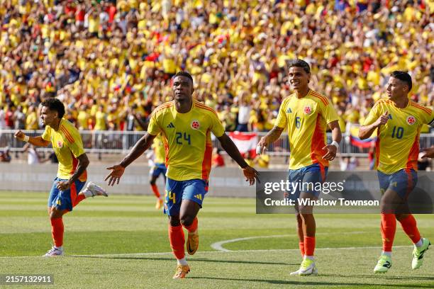 Jhon Cordoba of Colombia celebrates his goal against Bolivia during the first half of their international friendly match at Pratt & Whitney Stadium...