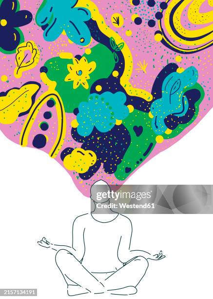 ilustraciones, imágenes clip art, dibujos animados e iconos de stock de thoughtful man practicing meditation over white background - creatividad
