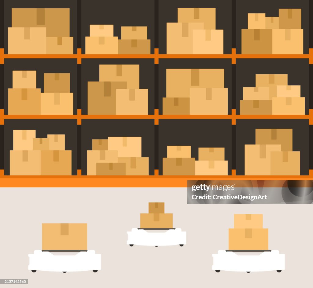 Automated Guided Vehicles Carrying Cardboard Boxes In Distribution Warehouse