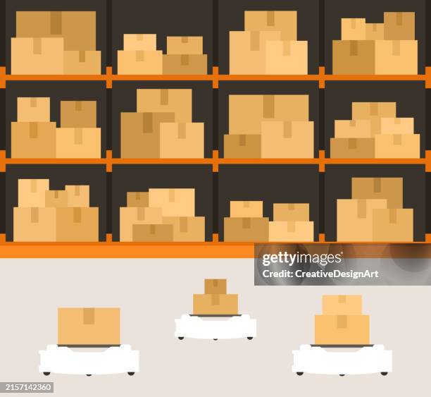 automated guided vehicles carrying cardboard boxes in distribution warehouse - agv stock illustrations
