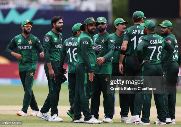 Mohammad Amir of Pakistan celebrates the wicket of Saad Bin Zafar of Canada during the ICC Men's T20 Cricket World Cup West Indies & USA 2024 match...