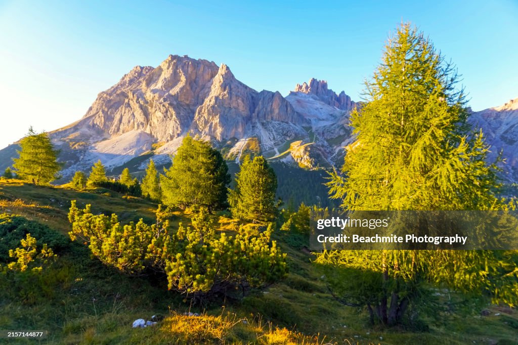 Soft evening light at Passo Falzarego or Falzarego Mountain Pass and the breathtaking view of the Tofana Mountain range in the Dolomites near Cortina D'Ampezzo, Italy