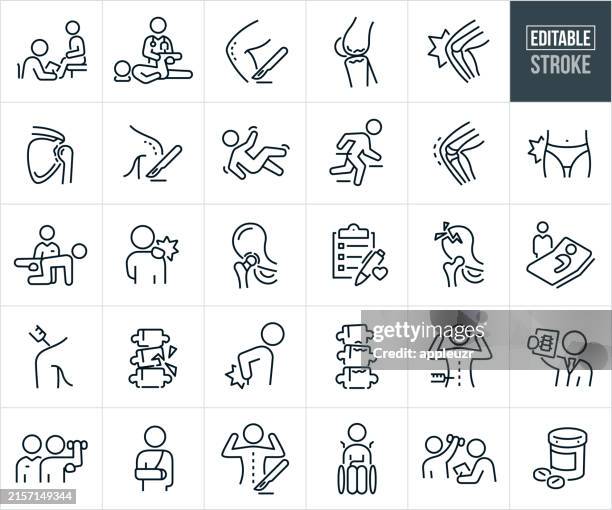 orthopedics and orthopedic surgery thin line icons - editable stroke - orthopedic surgeon with patient stock illustrations