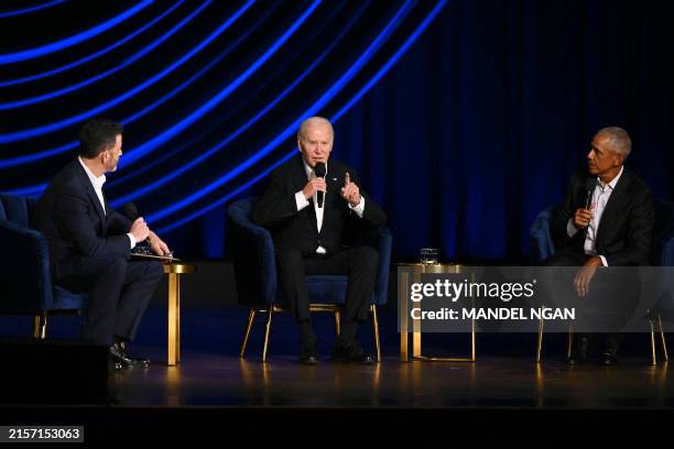 President Joe Biden speaks, flanked by US television host Jimmy Kimmel and former US President Barack Obama, onstage during a campaign fundraiser at...