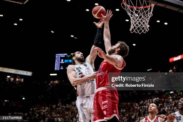 Tornike Shengelia of Virtus Segafredo Bologna and Nicolò Melli of EA7 Emporio Armani Milan in action during Game Three match of the Finals of LBA...