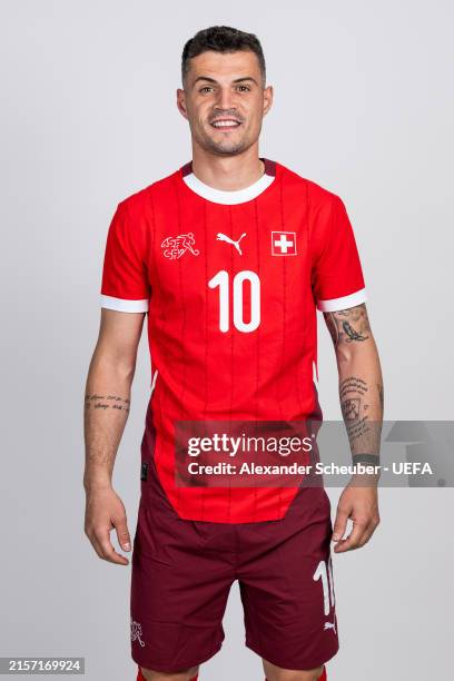 Granit Xhaka of Switzerland poses for a portrait during the Switzerland Portrait session ahead of the UEFA EURO 2024 Germany on June 11, 2024 in...