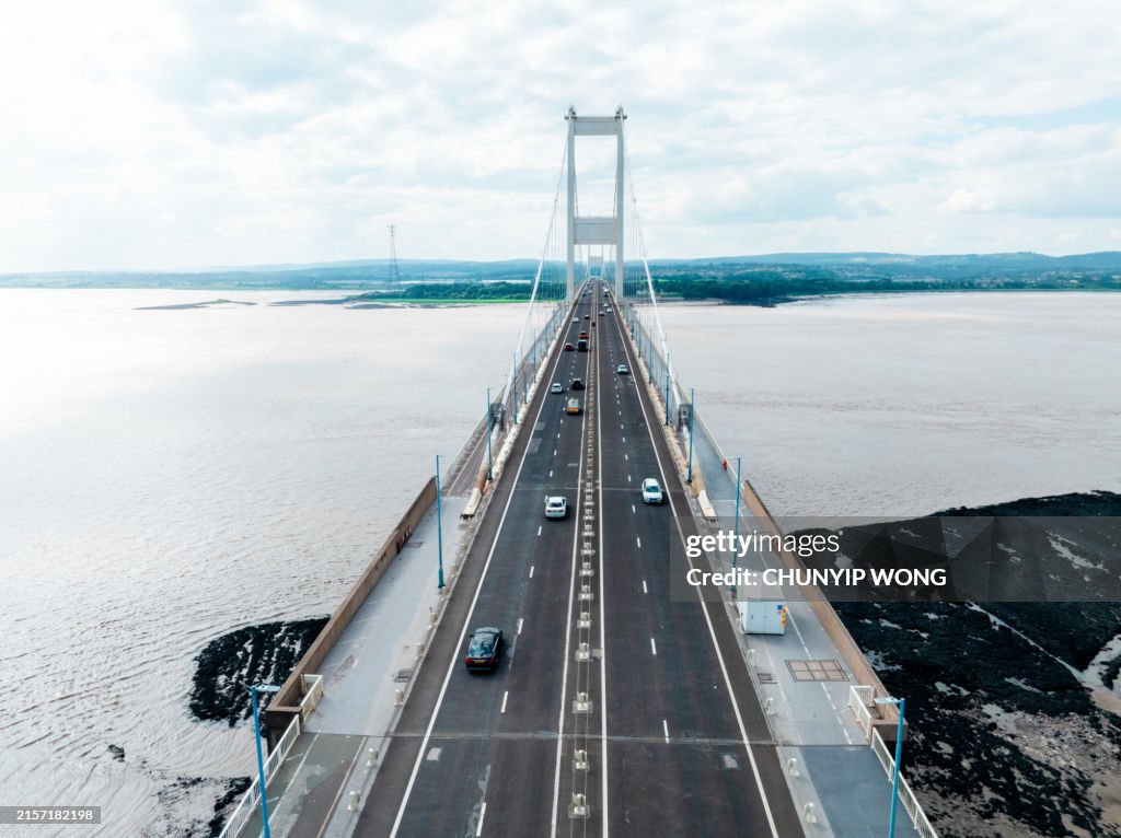 Aerial view of the Severn Bridge over the Severn River near Bristol, England and Wales, UK