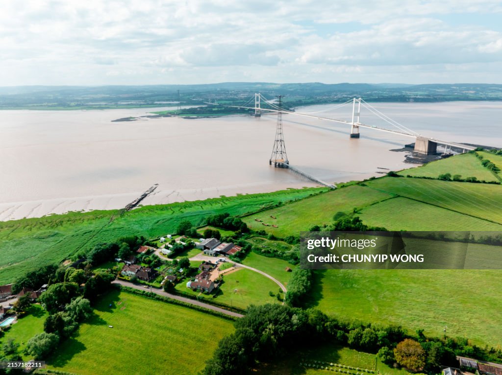Aerial view of the Severn Bridge over the Severn River near Bristol, England and Wales, UK