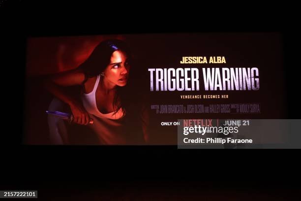Displays and signage are seen during the screening of Netflix Film "Trigger Warning" at Netflix Tudum Theater on June 11, 2024 in Los Angeles,...