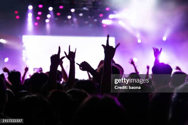 hands making rock sign at music festival - rockmuziek stockfoto's en -beelden