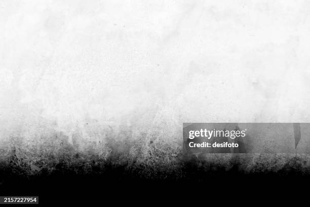 stockillustraties, clipart, cartoons en iconen met horizontal empty blank wispy rustic artistic grunge textured uneven rough plastered wall or backdrop or vintage retro weathered white light gray vector background with one smoky smoke like dark black splattered smudged stripe faint foggy bottom as border - vervagen
