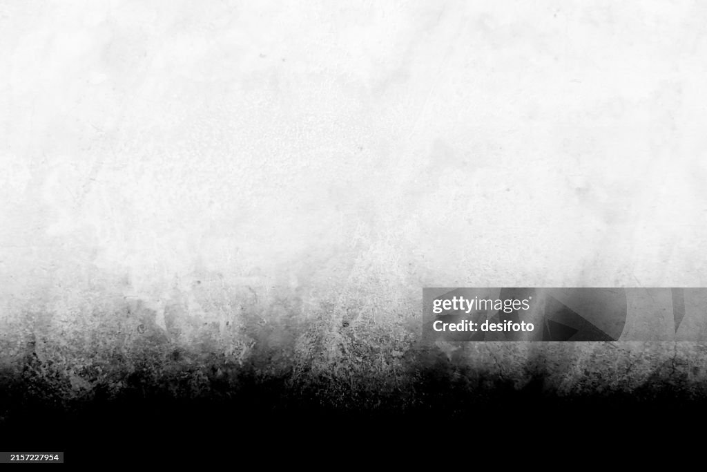 Horizontal empty blank wispy rustic artistic grunge textured uneven rough plastered wall or backdrop or vintage retro weathered white light gray vector background with one smoky smoke like dark black splattered smudged stripe faint foggy bottom as border