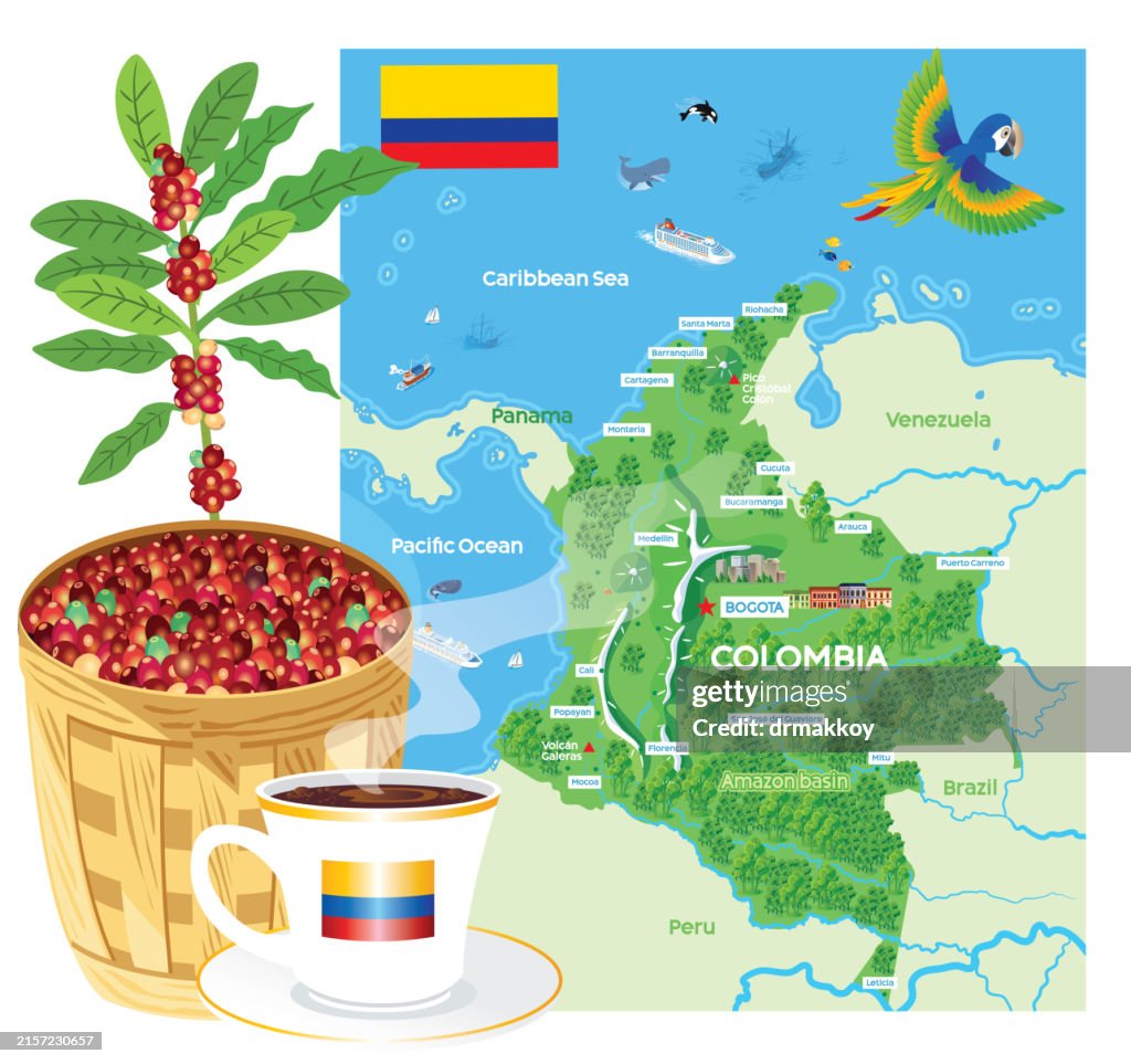 Colombia Map and coffee