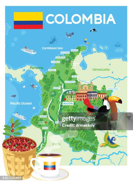 ilustraciones, imágenes clip art, dibujos animados e iconos de stock de mapa de colombia y café - mapa colombia
