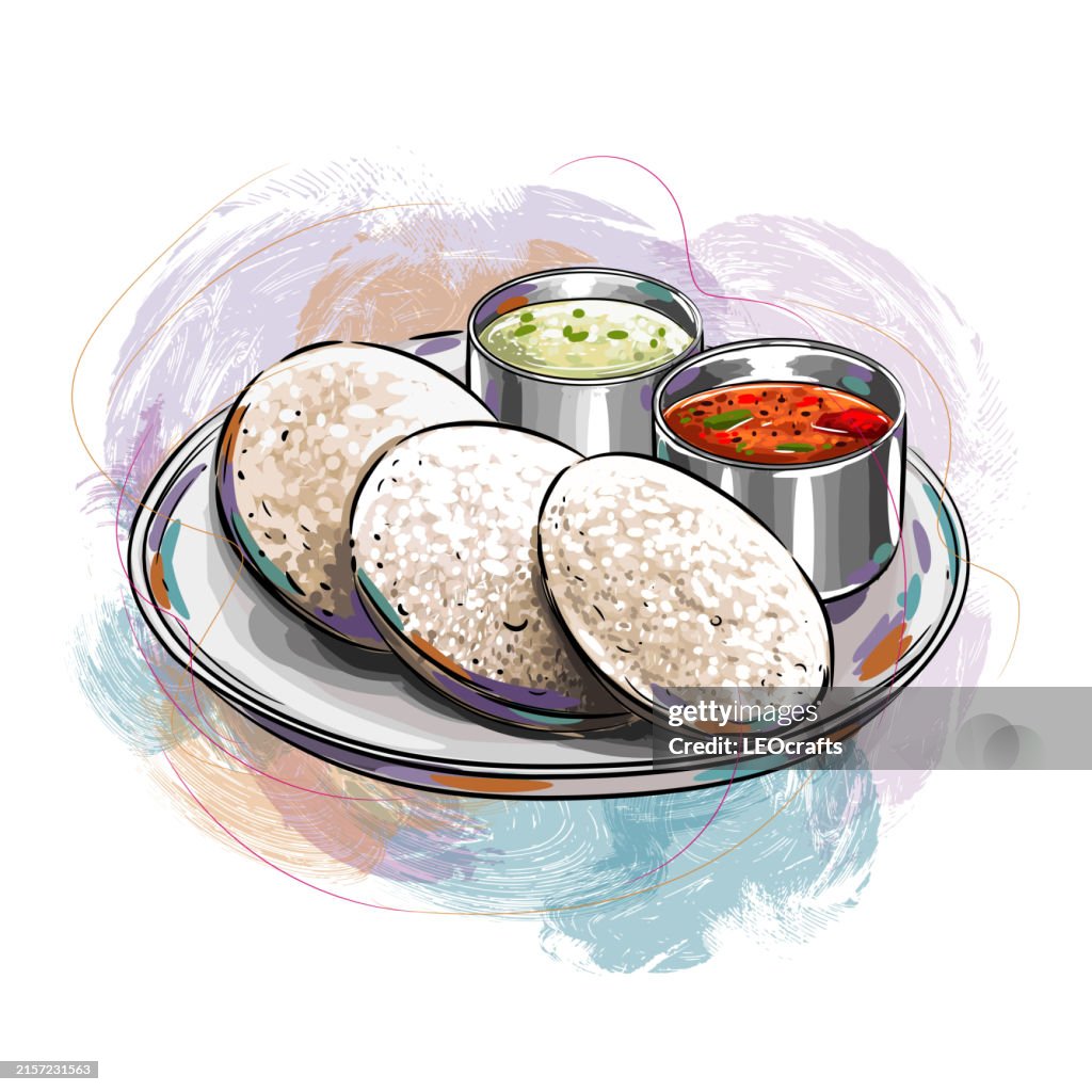 South Indian breakfast Idli/Idly served with Coconut chutney and Sambar