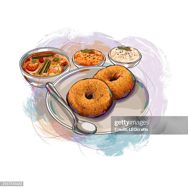 south indian breakfast vada served with coconut chutney and sambar - indian food stock illustrations