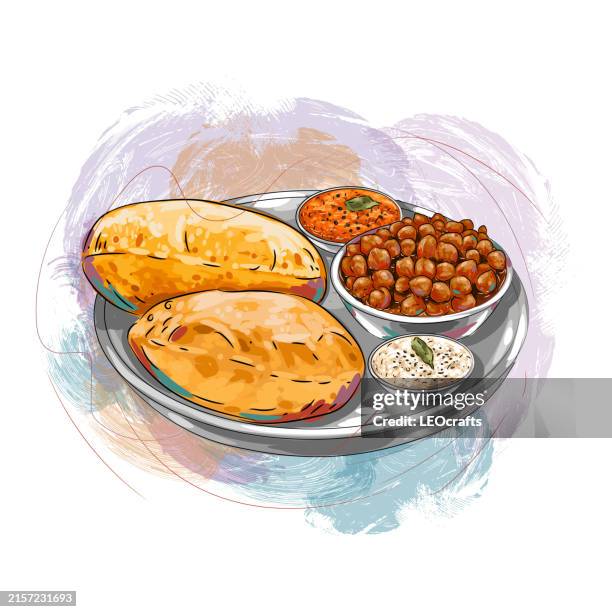 indian breakfast puri/poori and bhaji served with coconut chutney curry - indian food stock illustrations