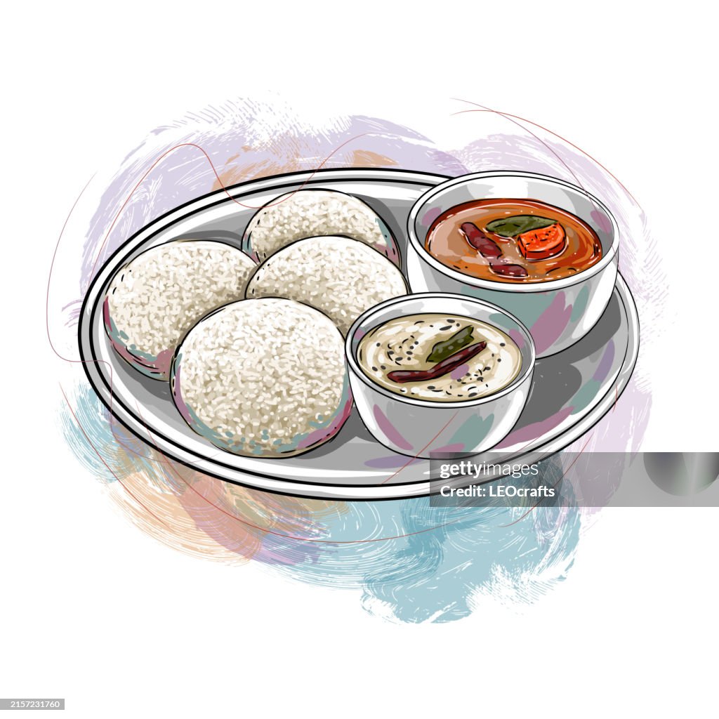 Desayuno del sur de la India Idli / Idly servido con chutney de coco y Sambar