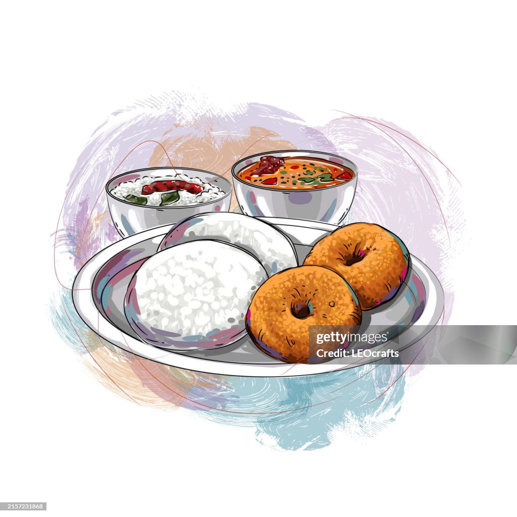 South Indian breakfast Idli and Vada served with Coconut chutney and Sambar
