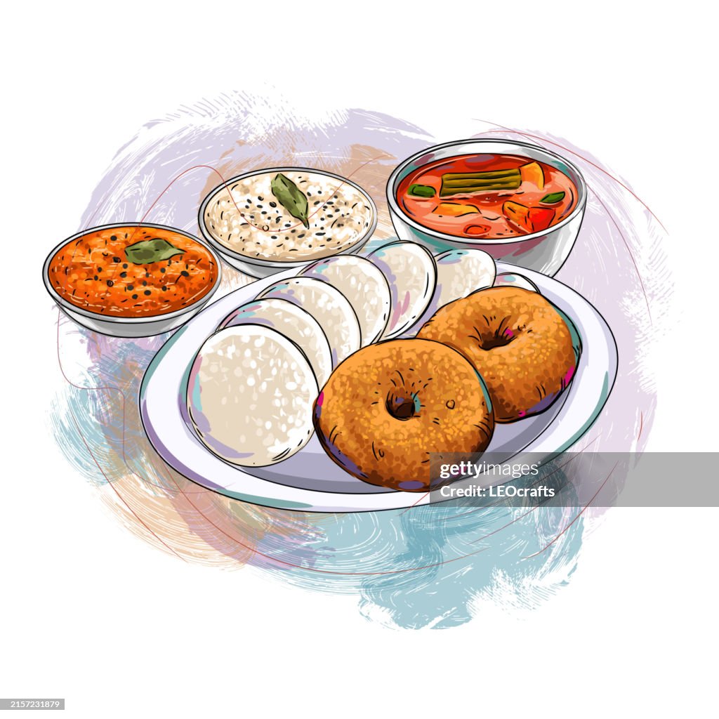South Indian breakfast Idli and Vada served with Coconut chutney and Sambar