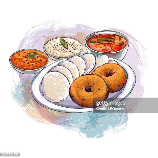 south indian breakfast idli and vada served with coconut chutney and sambar - idli dosa stock illustrations