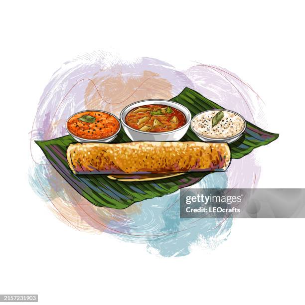south indian breakfast masala dosa served with coconut chutney and sambar - dosa stock illustrations