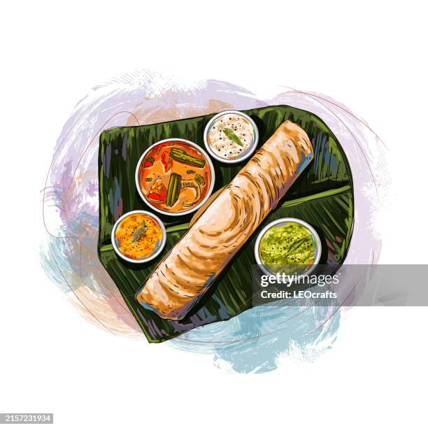 south indian breakfast masala dosa served with coconut chutney and sambar - dosa stock illustrations