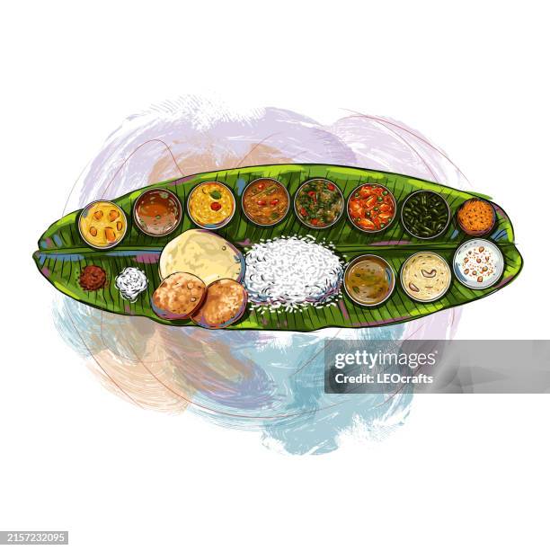 south indian thali/meal served on banana leaf - roti stock illustrations