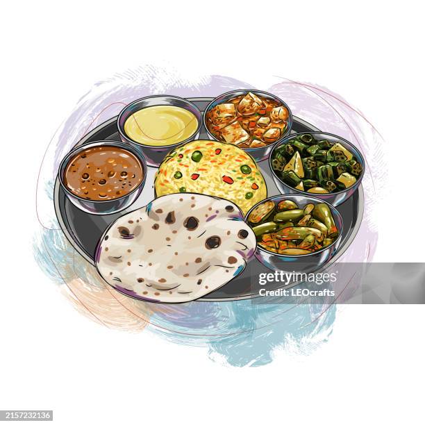 stockillustraties, clipart, cartoons en iconen met north indian thali/meal - noord indiase gerechten