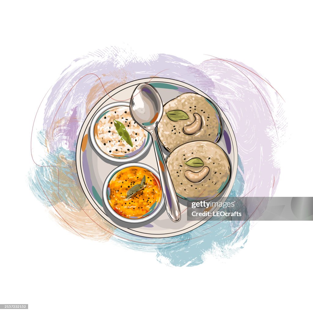 South Indian Breakfast Rava idli, served with coconut chutney and sambar or curry