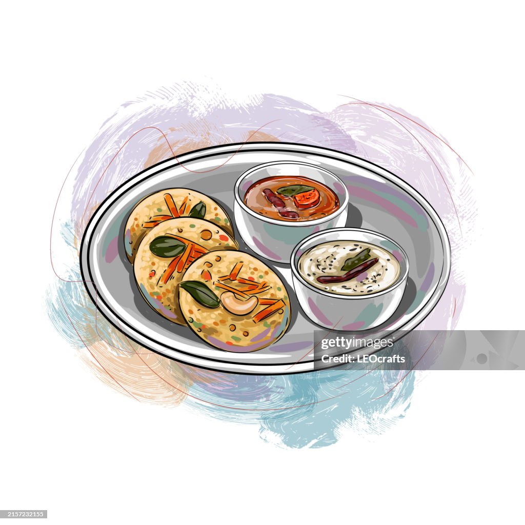 South Indian Breakfast Rava idli, served with coconut chutney and sambar or curry