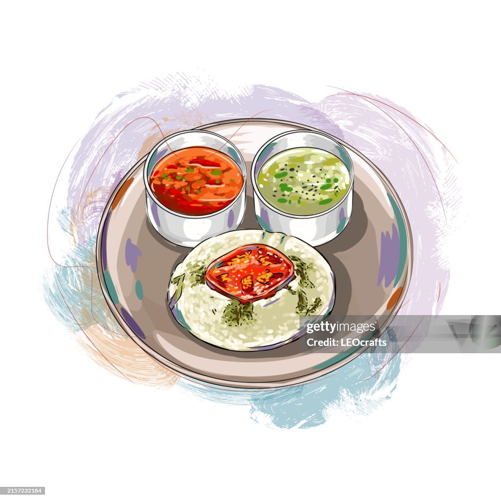 South Indian Breakfast Rava idli, served with coconut chutney and sambar or curry