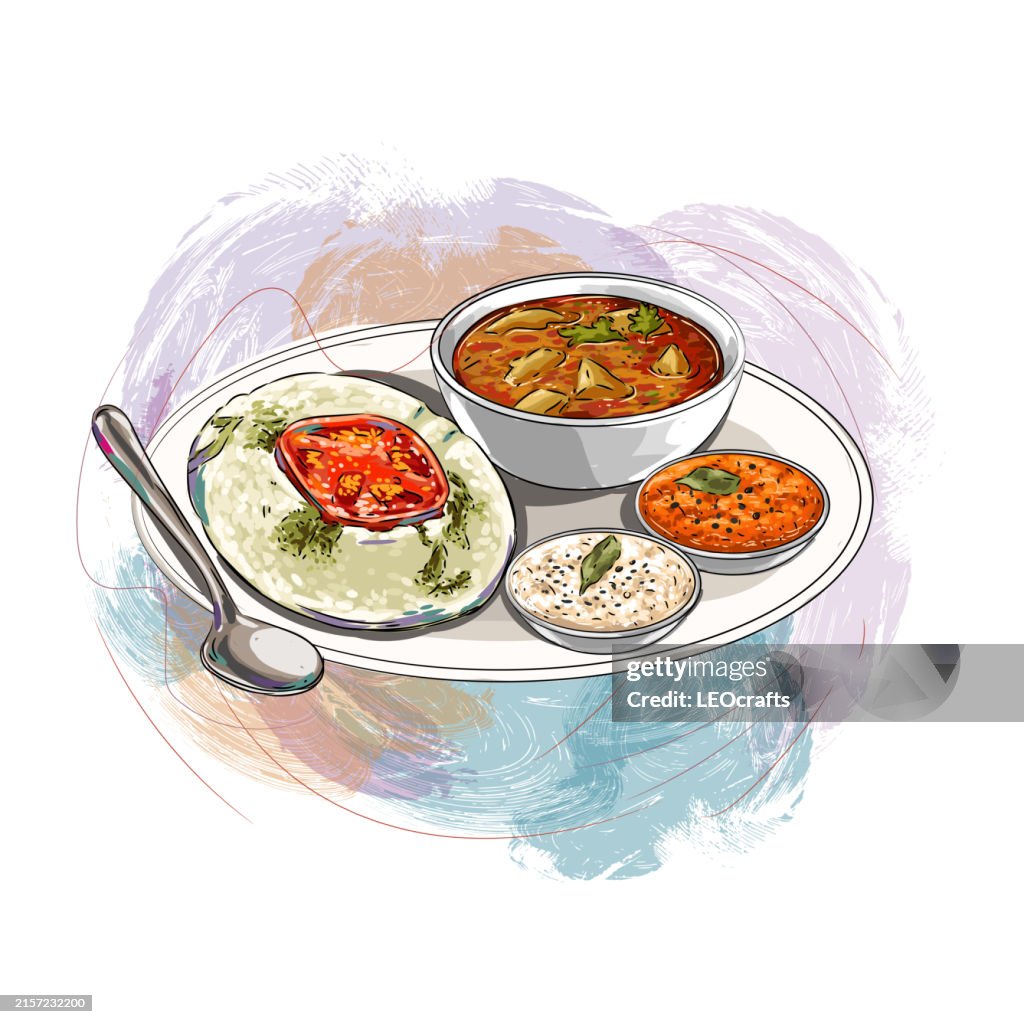 South Indian Breakfast Rava idli, served with coconut chutney and sambar or curry