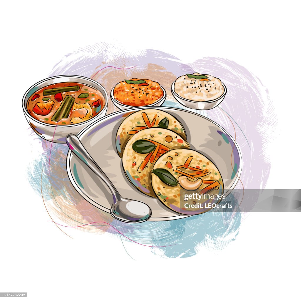 South Indian Breakfast Rava idli, served with coconut chutney and sambar or curry