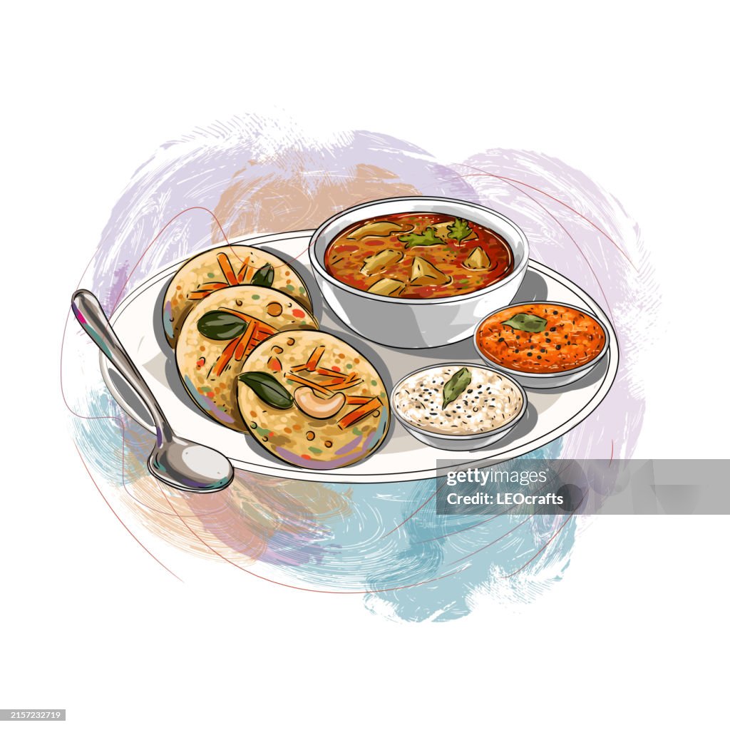 South Indian Breakfast Rava idli, served with coconut chutney and sambar or curry