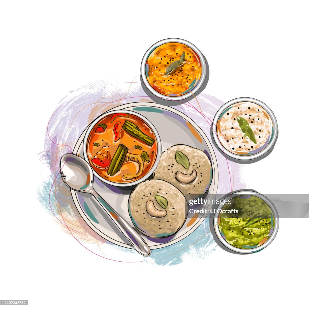 South Indian Breakfast Rava idli, served with coconut chutney and sambar or curry
