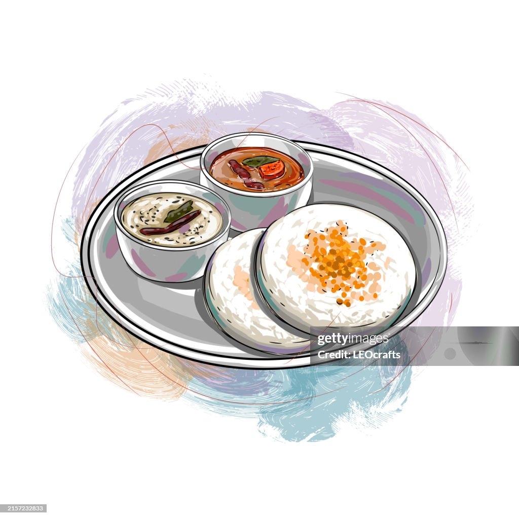 South Indian breakfast Tatte Idli served with Coconut chutney and Sambar
