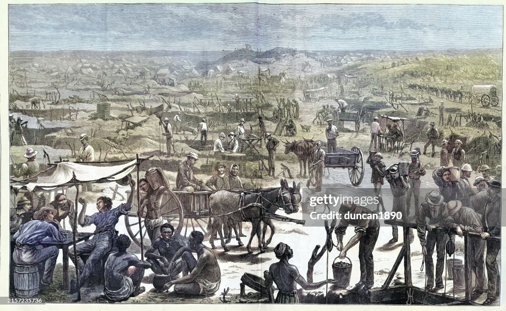 Miners digging for diamonds in South Africa, Victorian, 1870s, 19th Century