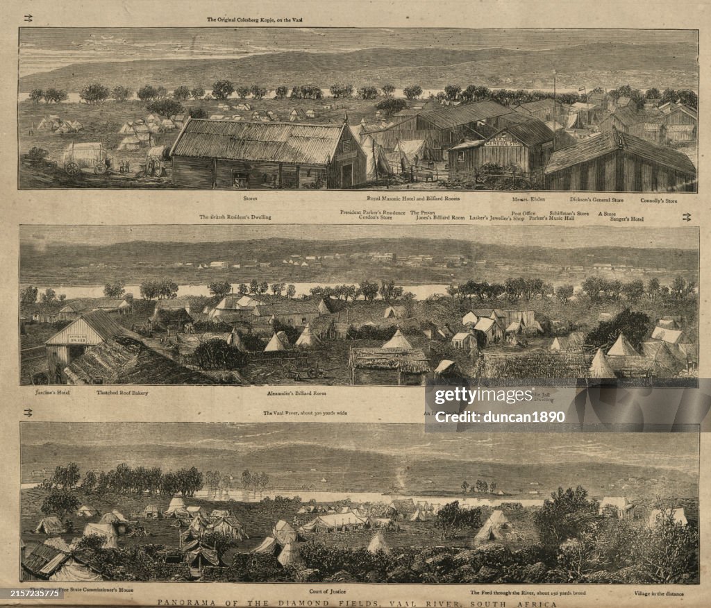 Panorama of the diamond fields, Vaal River, Natal, South Africa, Victorian, 1870s, 19th Century, Vintage illustration