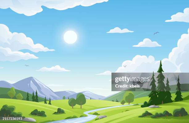 idyllic landscape with river and mountains - cartoon cloud stock illustrations
