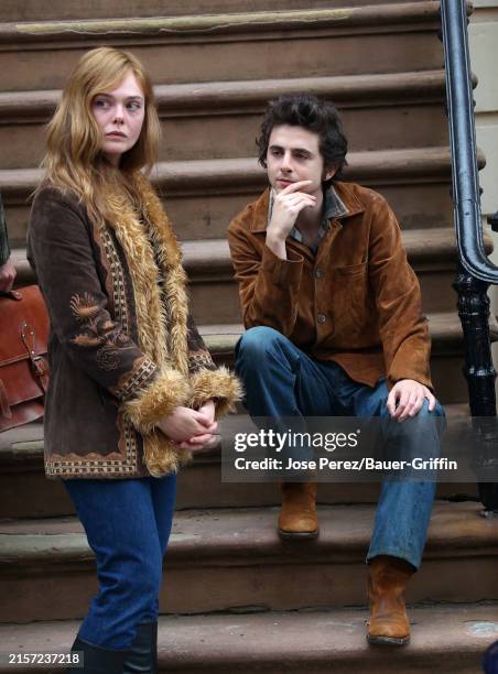 Elle Fanning and Timothee Chalamet are seen on the movie set of the 'A Complete Unknown' on June 11, 2024 in Hoboken, New Jersey.