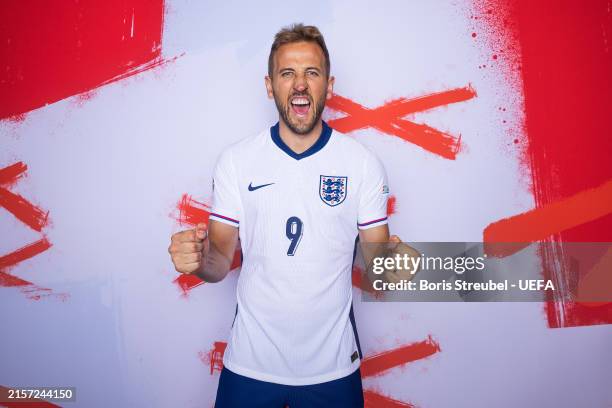 Harry Kane of England poses for a portrait during the England Portrait session ahead of the UEFA EURO 2024 Germany on June 11, 2024 in Blankenhain,...