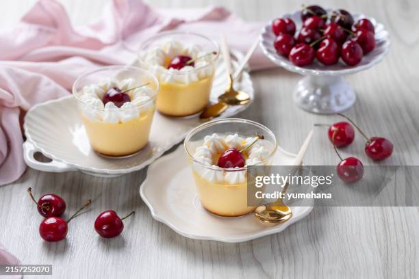 flan with whipped cream and cherry - pudim-de-leite imagens e fotografias de stock