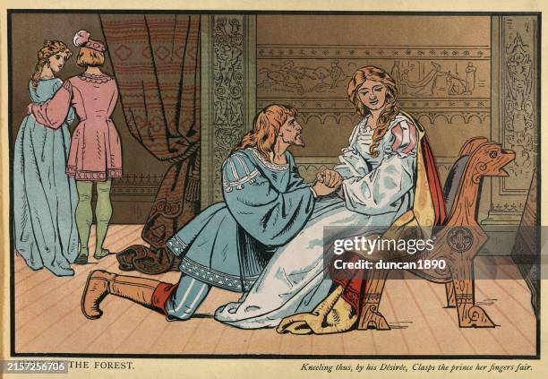 ilustrações de stock, clip art, desenhos animados e ícones de prince and princess holding hands, illustrated fairy tales, mythology, the hind of the forest, vintage illustration, 19th century. - príncipe encantado