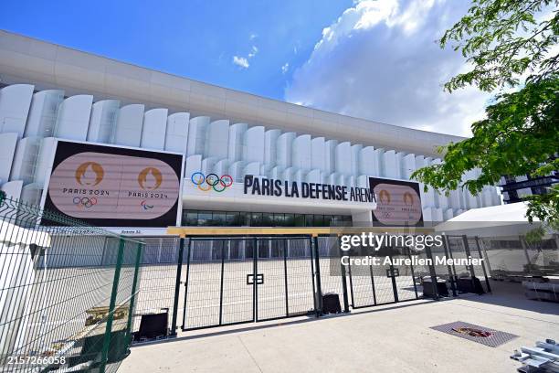 General oustide view as the Paris Olympics 2024 pool is being built at Paris La Defense Arena on June 12, 2024 in Nanterre, France.