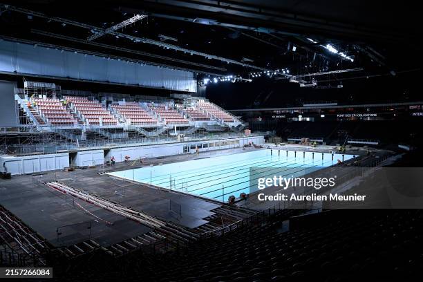 General inside view as the Paris Olympics 2024 pool is being built at Paris La Defense Arena on June 12, 2024 in Nanterre, France.