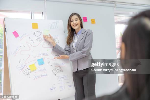 a woman is presenting her work - cashflow stock pictures, royalty-free photos & images