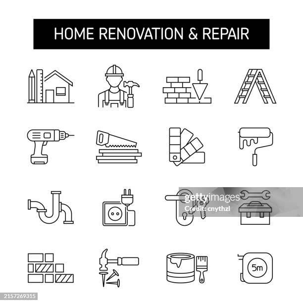 ilustrações de stock, clip art, desenhos animados e ícones de home renovation and repair line icon set. architect, contractor, house. - restaurar