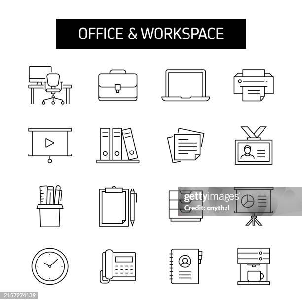 office and workspace line icon set. computer, desk, presentation, telephone, office supplies. - office printer stock illustrations